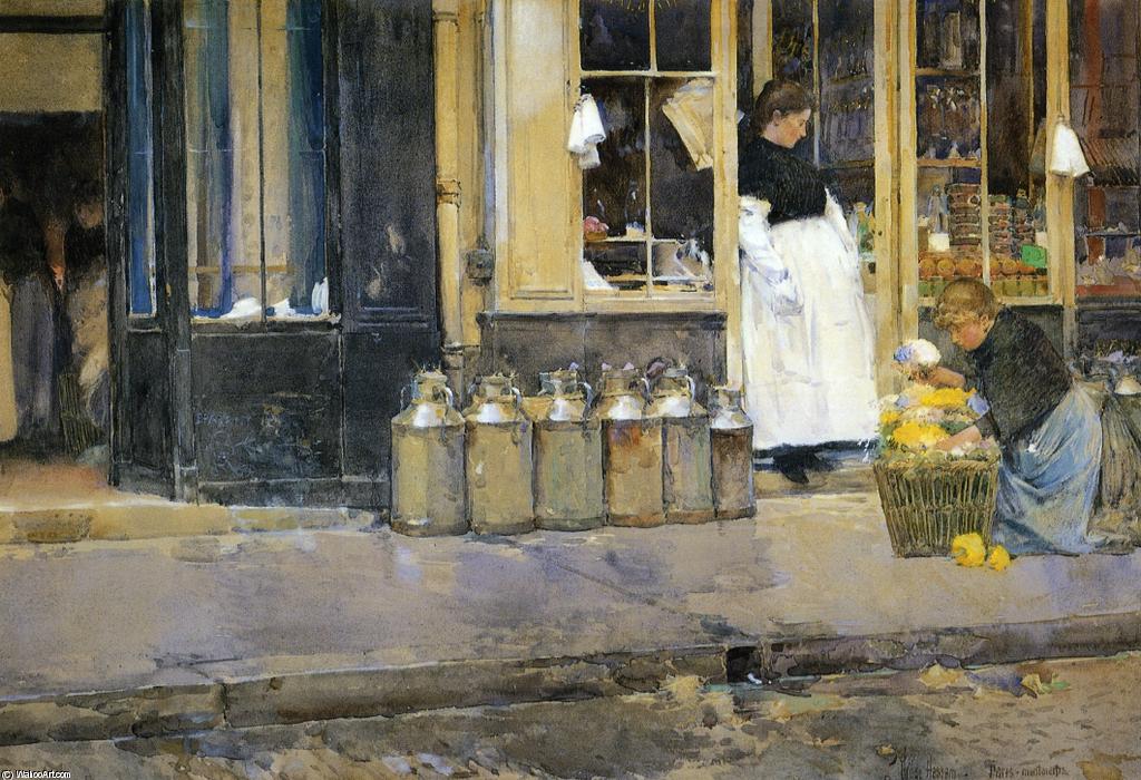 Wikioo.org - The Encyclopedia of Fine Arts - Painting, Artwork by Frederick Childe Hassam - La Bouquetiere et la Latiere (aka Flower Store and Dairy Store)