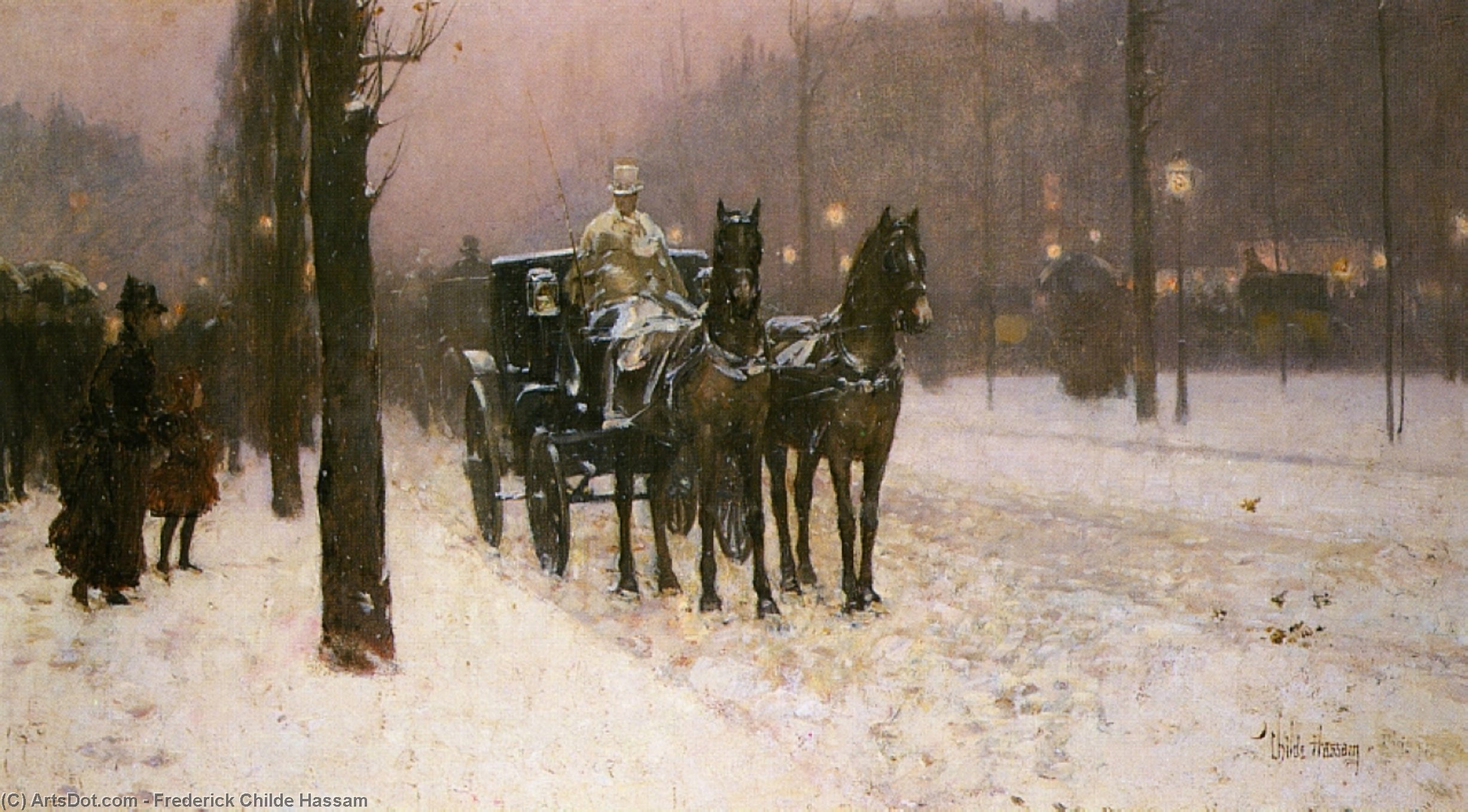 Wikioo.org - The Encyclopedia of Fine Arts - Painting, Artwork by Frederick Childe Hassam - Street Scene with Hansom Cab