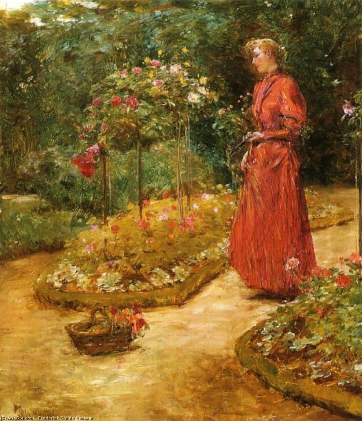 Wikioo.org - The Encyclopedia of Fine Arts - Painting, Artwork by Frederick Childe Hassam - Woman Cutting Roses in a Garden