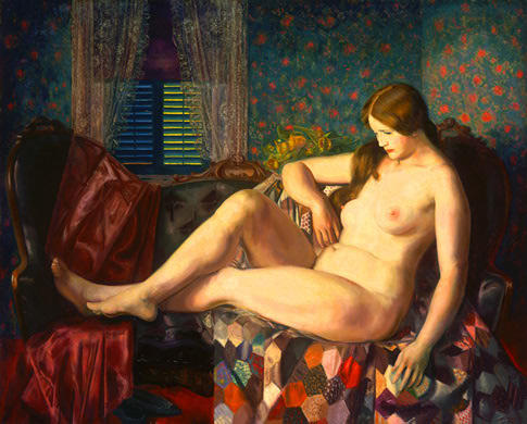 WikiOO.org - Encyclopedia of Fine Arts - Maleri, Artwork George Wesley Bellows - Nude with Hexagonal Quilt