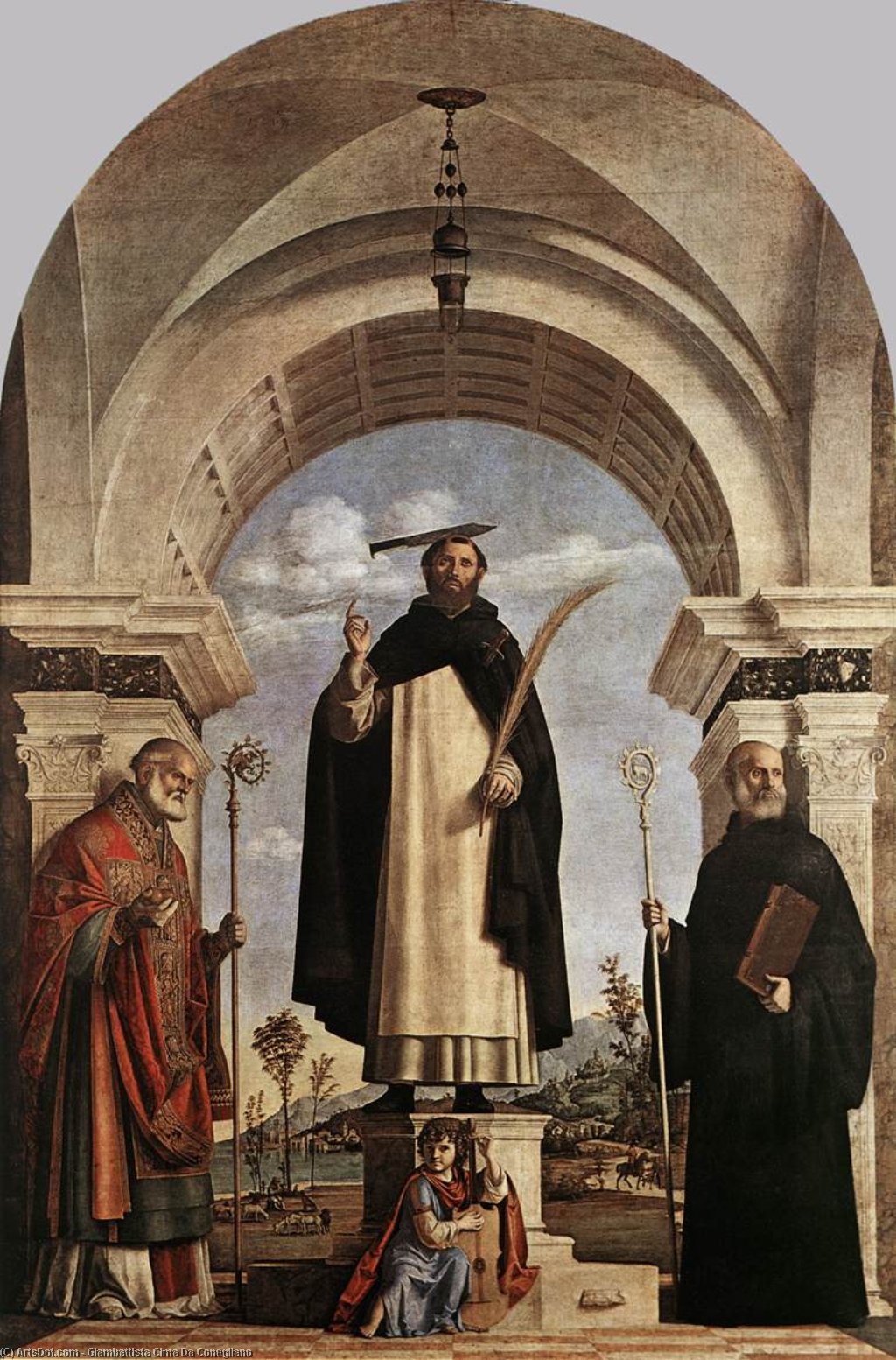 Wikioo.org - The Encyclopedia of Fine Arts - Painting, Artwork by Giovanni Battista Cima Da Conegliano - St Peter Martyr with St Nicholas of Bari, St Benedict and an Angel Musician