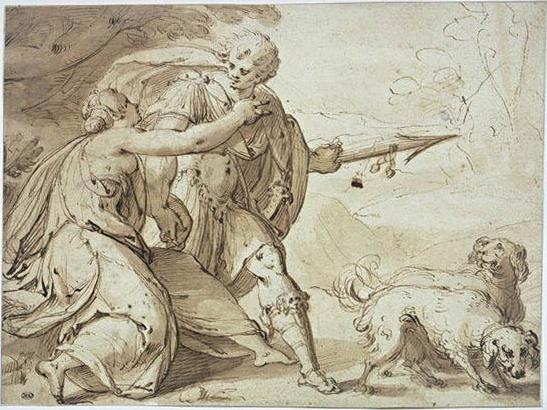Wikioo.org - Die Enzyklopädie bildender Kunst - Malerei, Kunstwerk von Hans Von Aachen - Adonis hielt sich zurück durch  Venus  während  gehend  Aquaristik