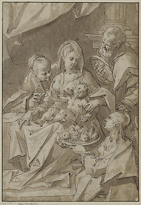 Wikioo.org - The Encyclopedia of Fine Arts - Painting, Artwork by Hans Von Aachen - The Holy Family with Saint Dorothea offering fruit to the Christ child