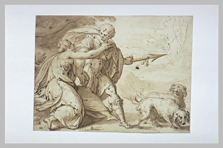 Wikioo.org - สารานุกรมวิจิตรศิลป์ - จิตรกรรม Hans Von Aachen - Vénus retenant Adonis partant pour la chasse