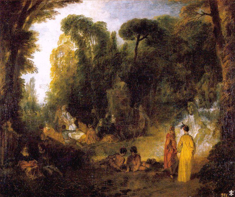 Wikioo.org - The Encyclopedia of Fine Arts - Painting, Artwork by Jean Antoine Watteau - Gathering by the Fountain of Neptune