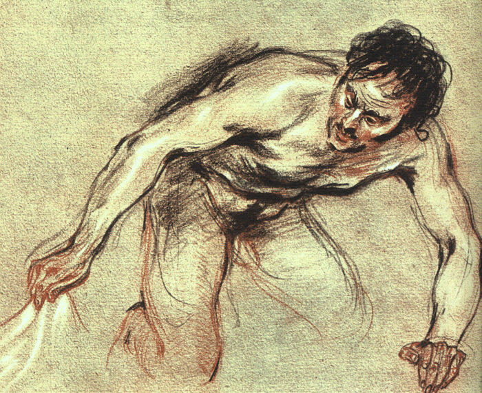 WikiOO.org - Enciklopedija dailės - Tapyba, meno kuriniai Jean Antoine Watteau - Kneeling Male Nude