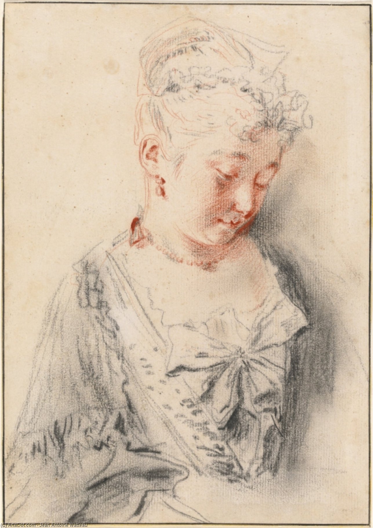 Wikioo.org - The Encyclopedia of Fine Arts - Painting, Artwork by Jean Antoine Watteau - Seated Woman Looking Down