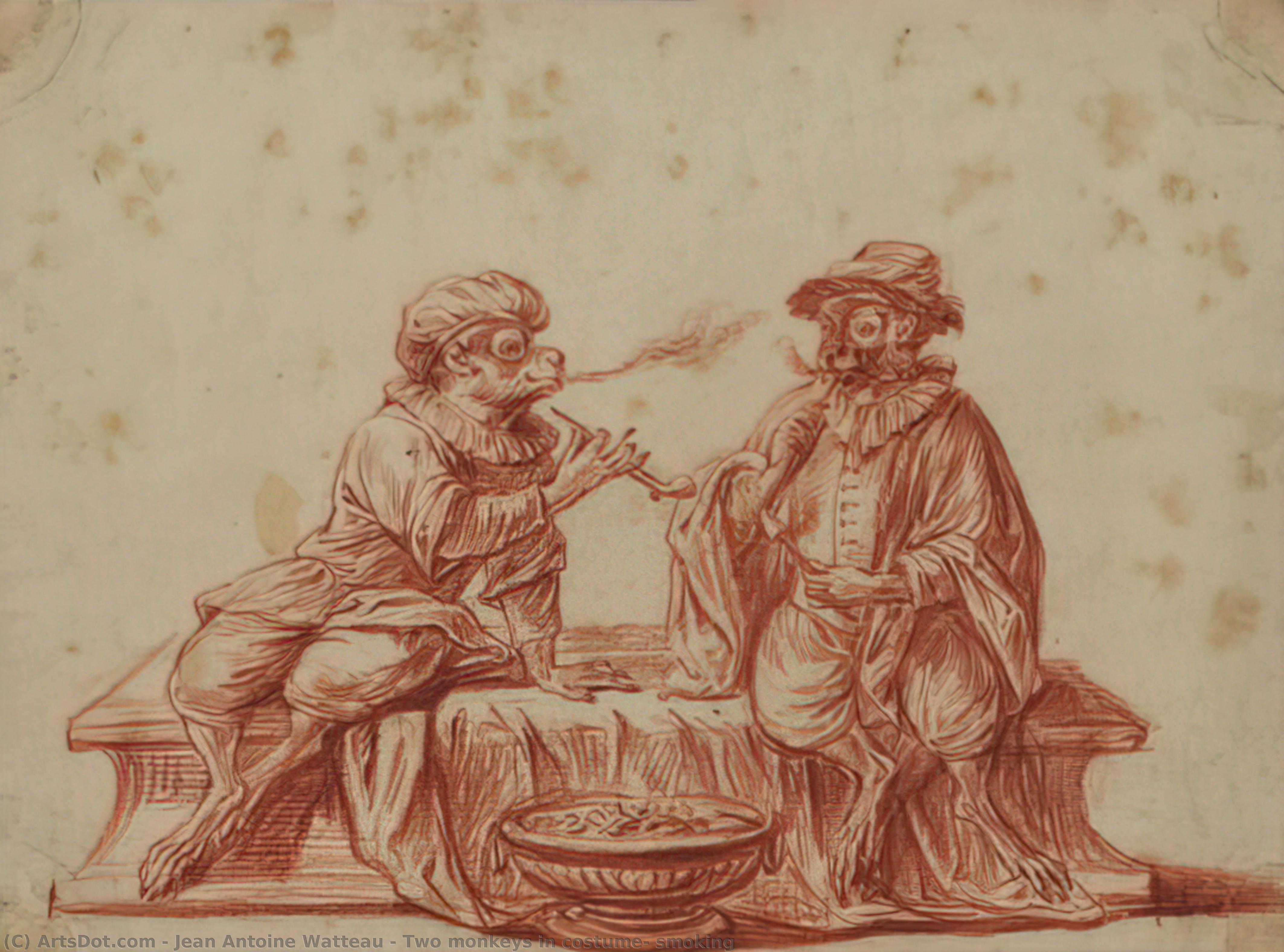 Wikioo.org - The Encyclopedia of Fine Arts - Painting, Artwork by Jean Antoine Watteau - Two monkeys in costume, smoking