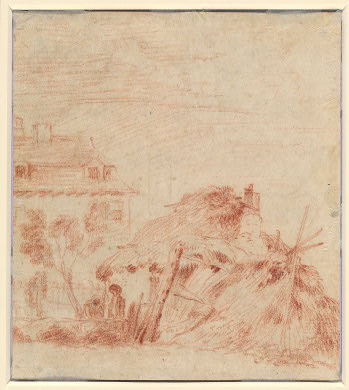 WikiOO.org - Енциклопедия за изящни изкуства - Живопис, Произведения на изкуството Jean Antoine Watteau - View of a House, a Cottage, and Two Figures [verso]