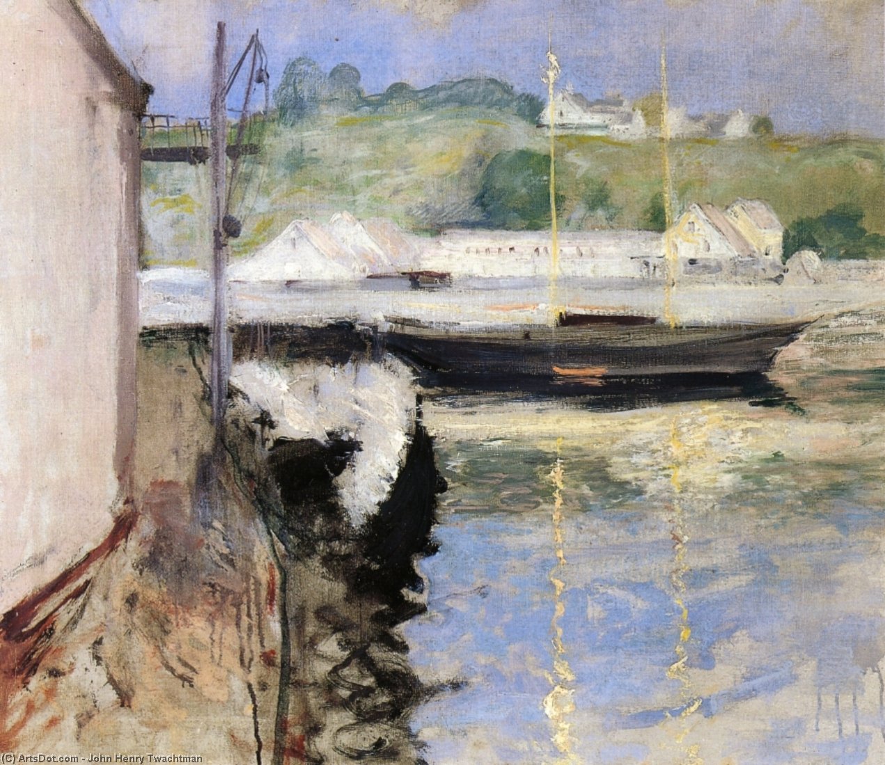 Wikioo.org - The Encyclopedia of Fine Arts - Painting, Artwork by John Henry Twachtman - Fish Sheds and Schooner, Gloucester
