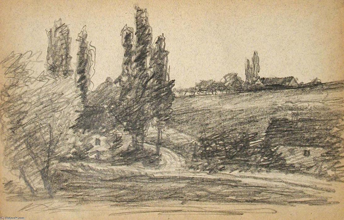WikiOO.org - Enciclopedia of Fine Arts - Pictura, lucrări de artă John Ottis Adams - Landscape with Houses and Poplars