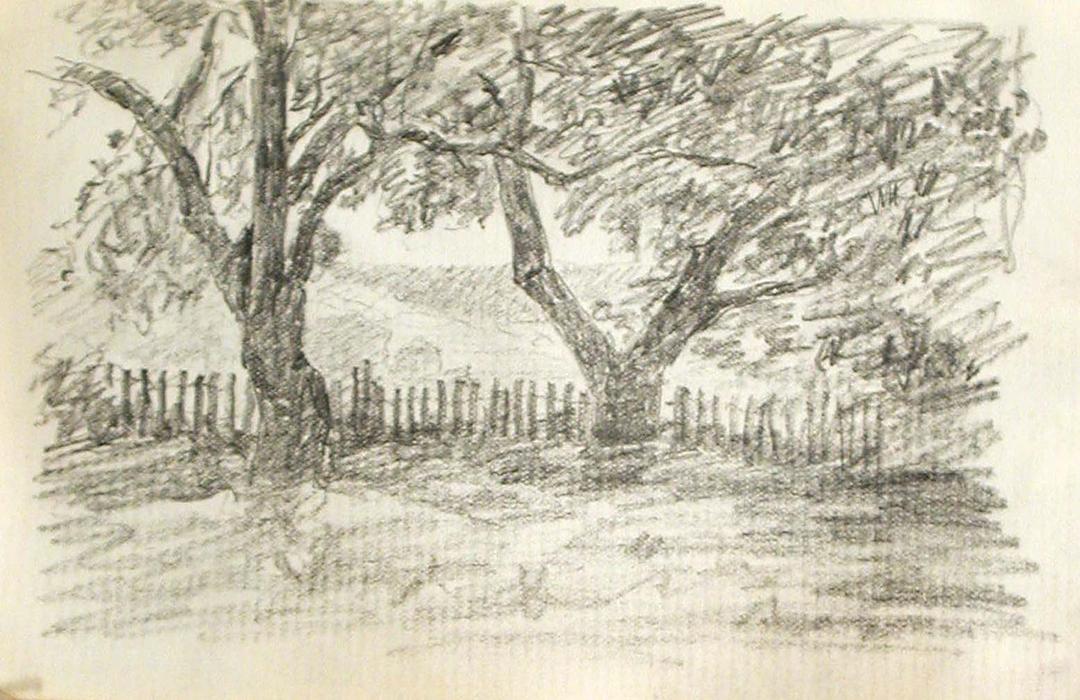 WikiOO.org - Encyclopedia of Fine Arts - Schilderen, Artwork John Ottis Adams - Two Trees and Fence