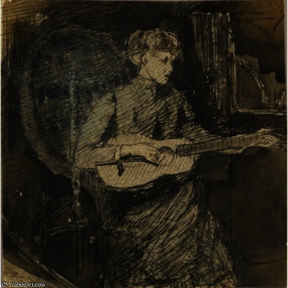 WikiOO.org - Encyclopedia of Fine Arts - Maľba, Artwork Julian Alden Weir - Anna Weir With Guitar