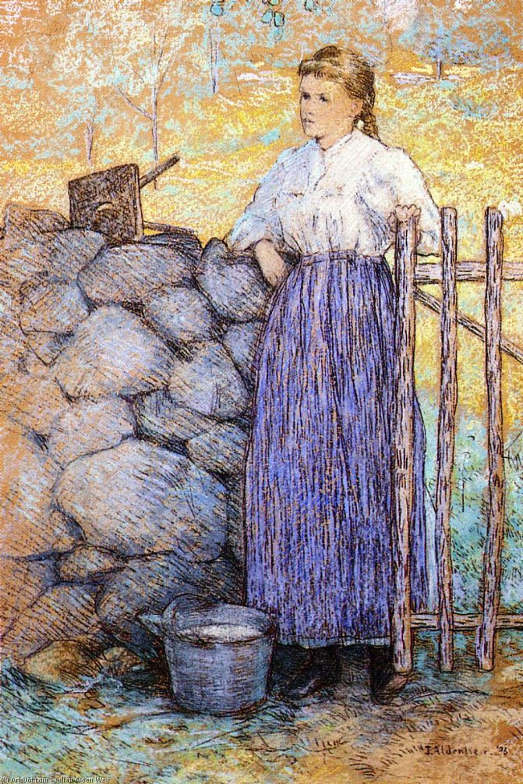 Wikioo.org - The Encyclopedia of Fine Arts - Painting, Artwork by Julian Alden Weir - Girl Standing by a Gate