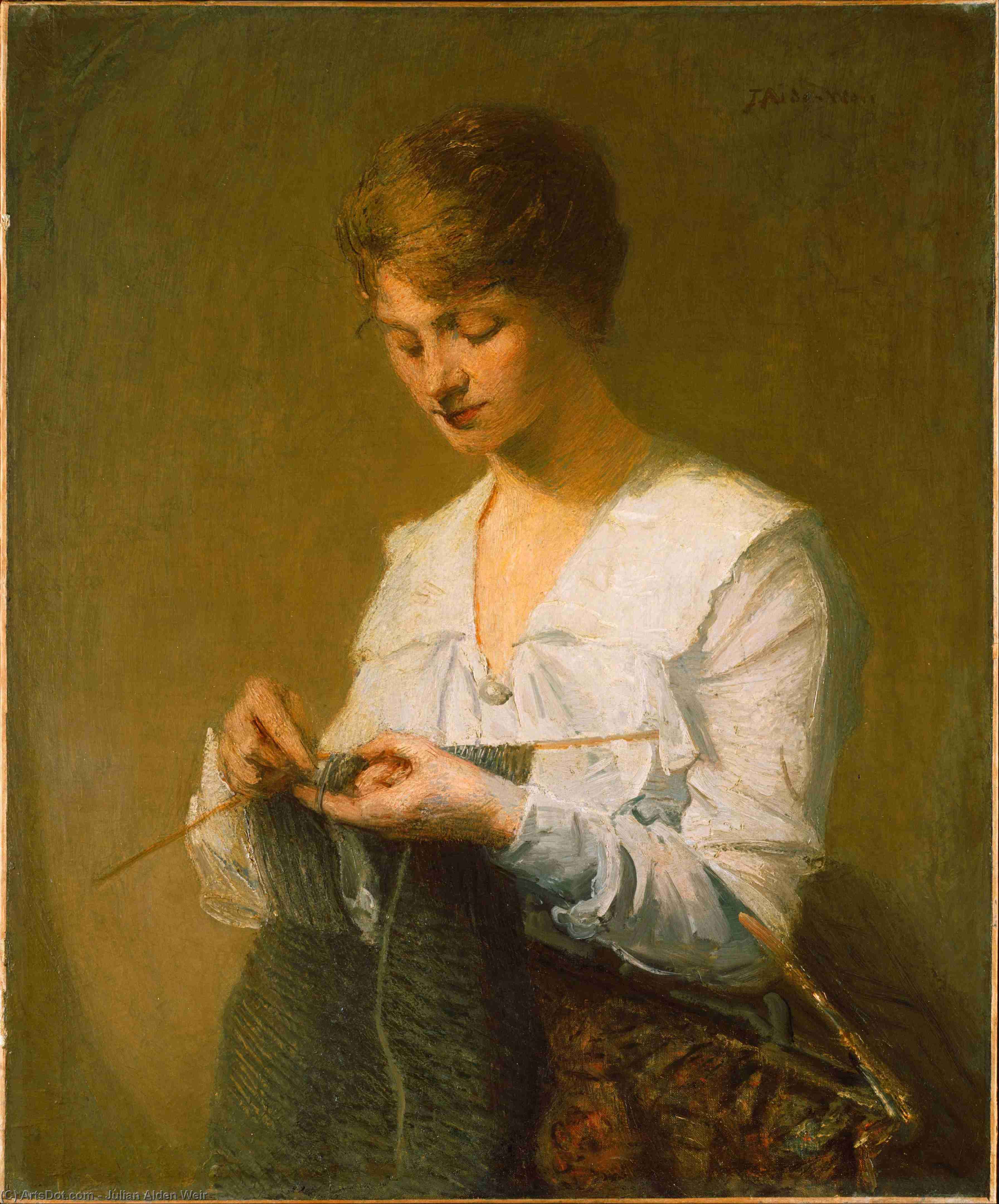 Wikioo.org - The Encyclopedia of Fine Arts - Painting, Artwork by Julian Alden Weir - Knitting for Soldiers