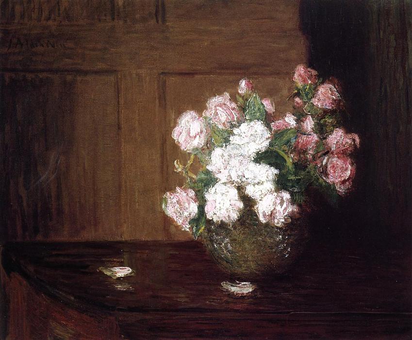 Wikioo.org - The Encyclopedia of Fine Arts - Painting, Artwork by Julian Alden Weir - Roses in a Silver Bowl on a Mahogany Table