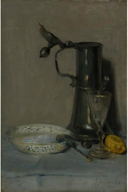 Wikioo.org - The Encyclopedia of Fine Arts - Painting, Artwork by Julian Alden Weir - STILL LIFE WITH FLAGON, GLASS AND BOWL