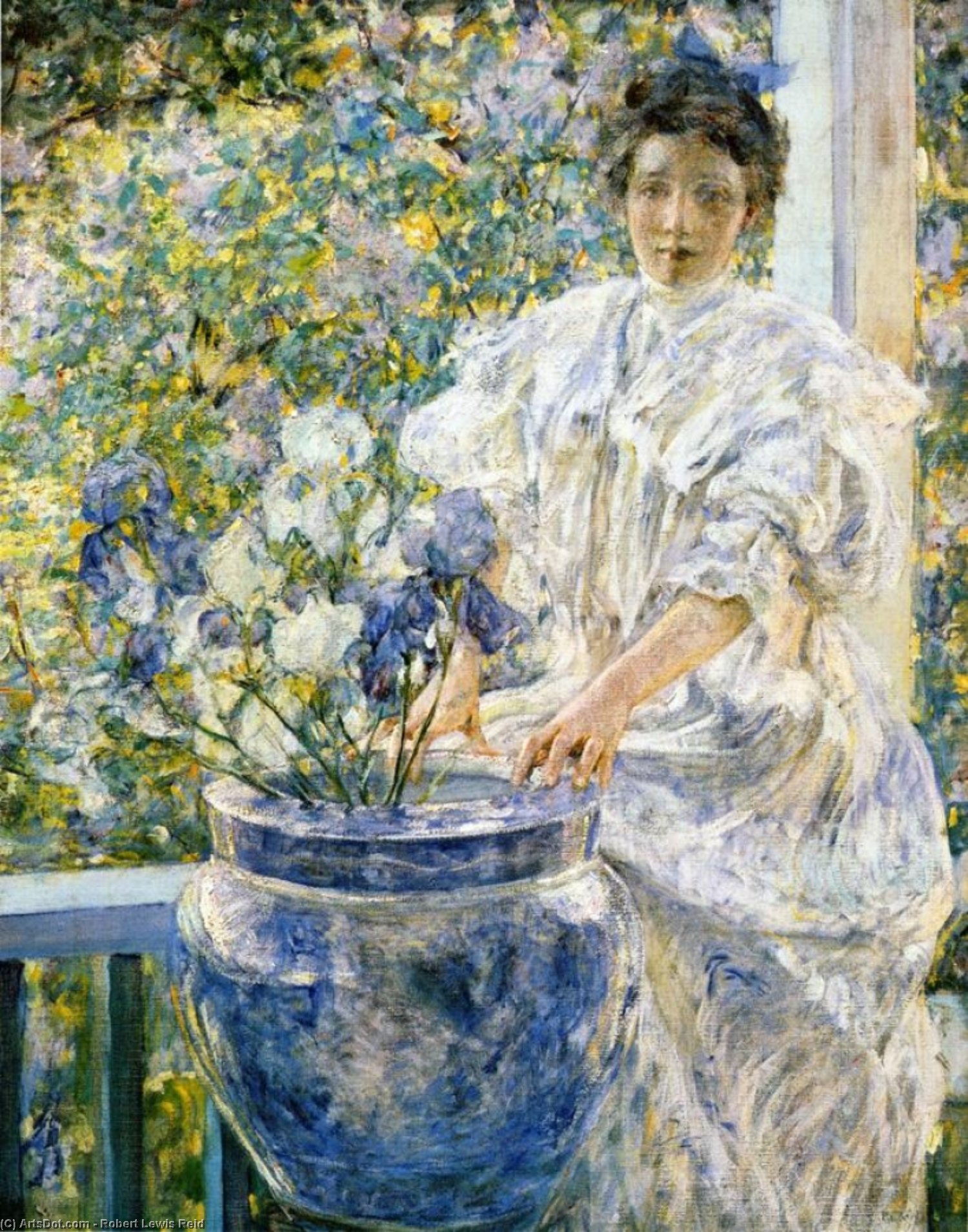 Wikioo.org - The Encyclopedia of Fine Arts - Painting, Artwork by Robert Lewis Reid - Woman on a Porch with Flowers