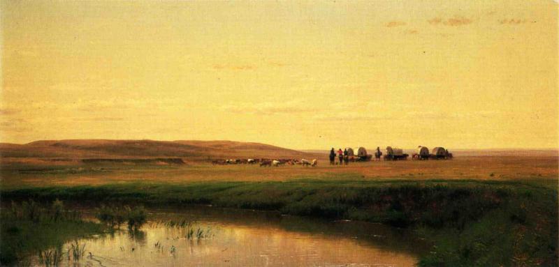 Wikioo.org - The Encyclopedia of Fine Arts - Painting, Artwork by Thomas Worthington Whittredge - A Wagon Train On The Plains, Platte River