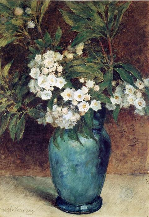 Wikioo.org - The Encyclopedia of Fine Arts - Painting, Artwork by Thomas Worthington Whittredge - Laurel Blossoms In A Blue Vase