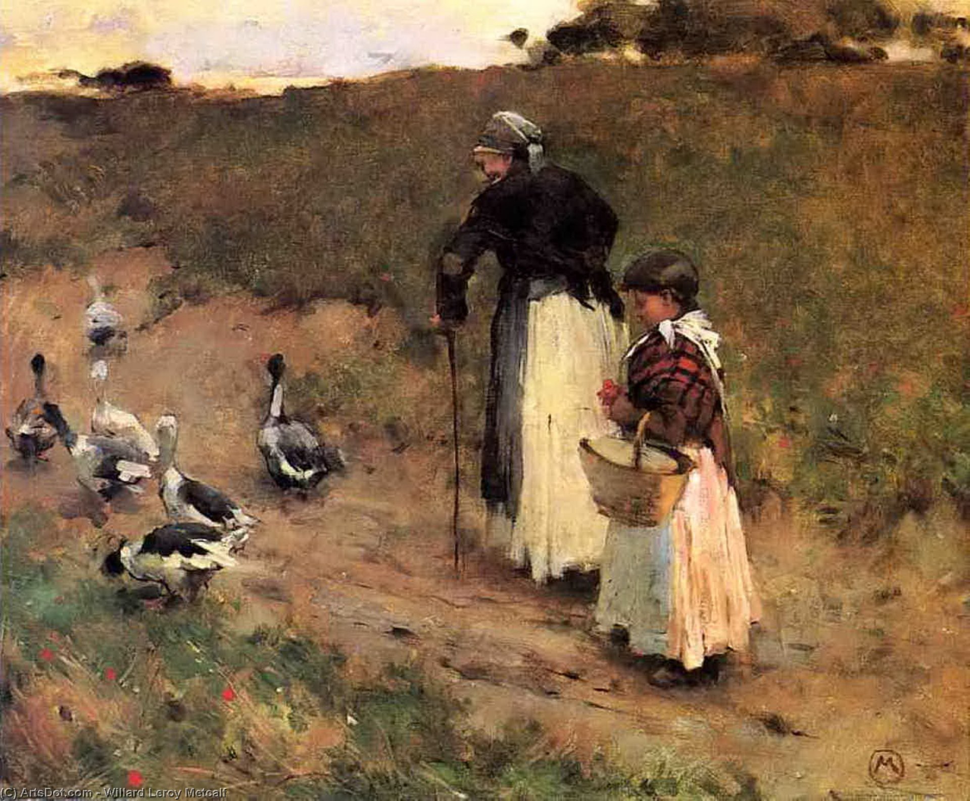 Wikioo.org - The Encyclopedia of Fine Arts - Painting, Artwork by Willard Leroy Metcalf - Old Woman with Child and Goose