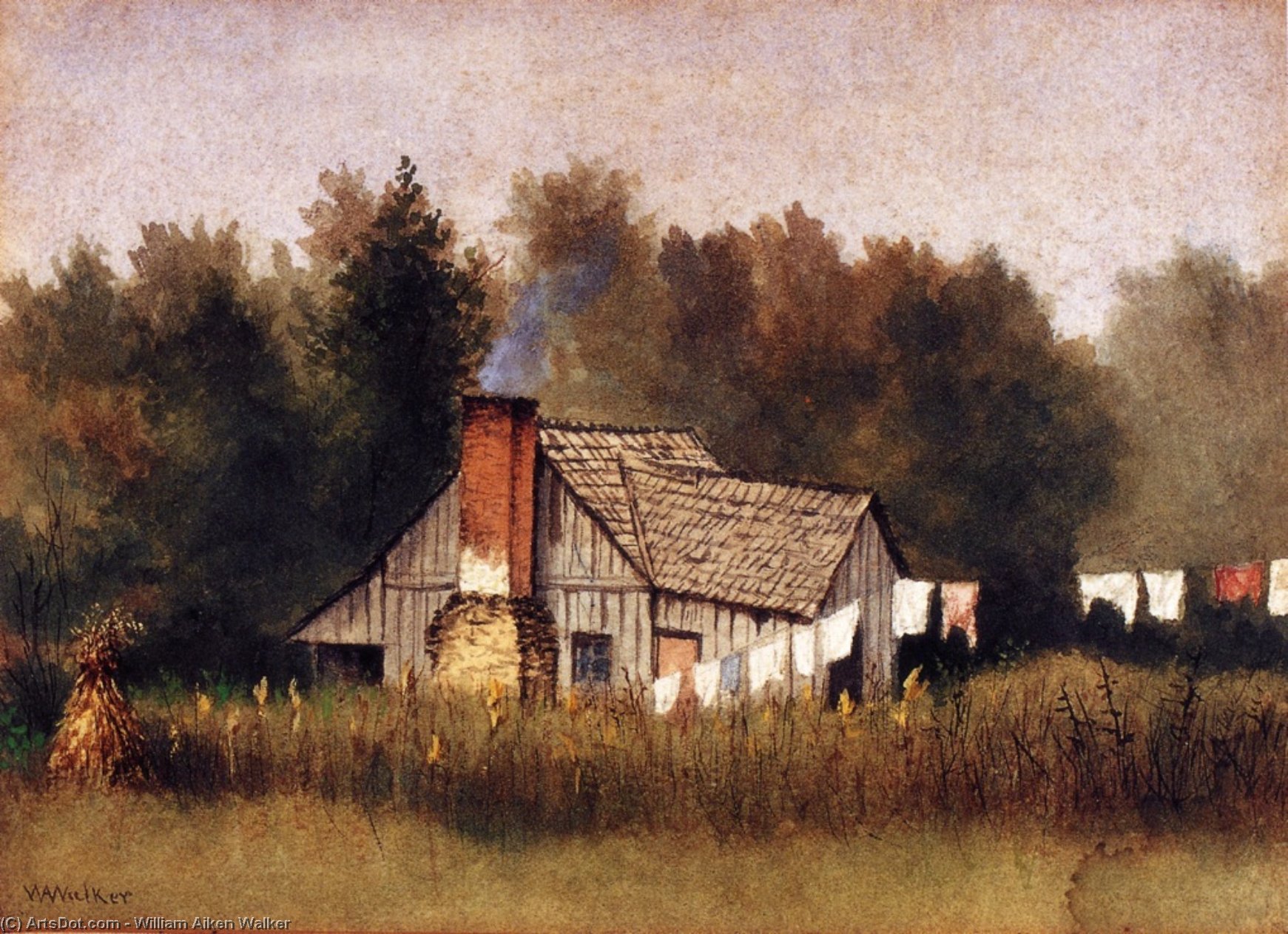 Wikioo.org - The Encyclopedia of Fine Arts - Painting, Artwork by William Aiken Walker - Cabin Viewed From Rear With Wash Line