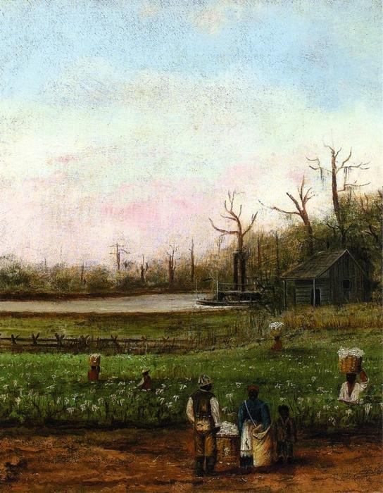 Wikioo.org - The Encyclopedia of Fine Arts - Painting, Artwork by William Aiken Walker - Cottonfield with Bayou, Steamboat, Road, Cabin and Fieldhands