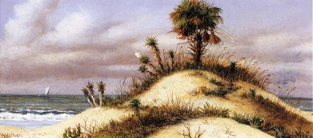WikiOO.org - Encyclopedia of Fine Arts - Maľba, Artwork William Aiken Walker - Florida Seascape with Sand Dune, Palm Tree, Yucca, Cactus and Sailboat