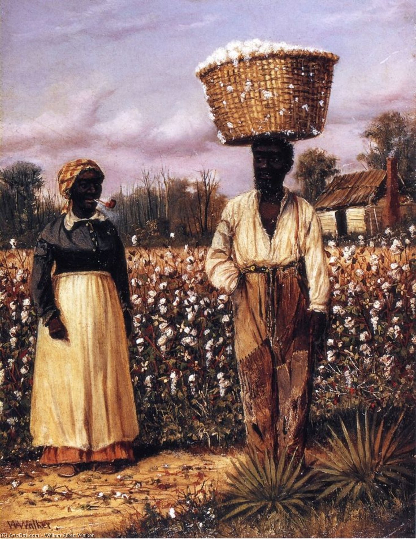 Wikioo.org - The Encyclopedia of Fine Arts - Painting, Artwork by William Aiken Walker - Negro Man And Woman In Cotton Field With Cotton Baskets 1