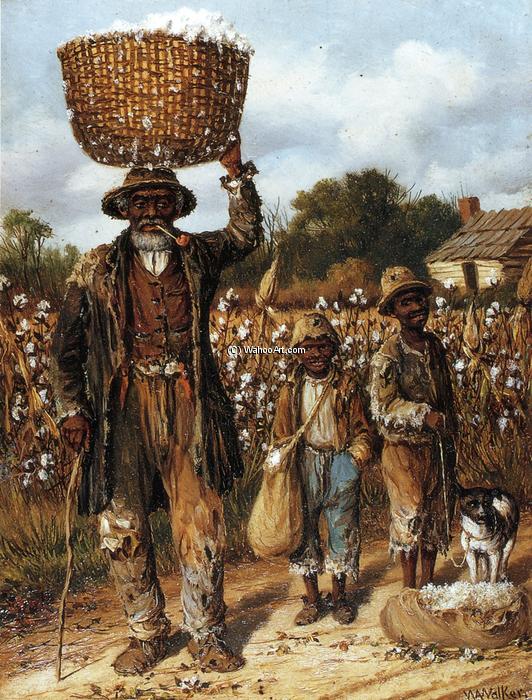 Wikioo.org - The Encyclopedia of Fine Arts - Painting, Artwork by William Aiken Walker - Negro Man, Two Boys and Dog in Cotton Field