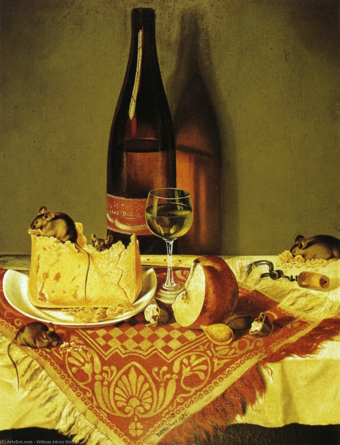 Wikioo.org - The Encyclopedia of Fine Arts - Painting, Artwork by William Aiken Walker - Still LIfe with Cheese, Bottle of Wine and Mouse