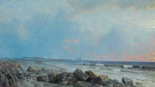 WikiOO.org - Enciclopedia of Fine Arts - Pictura, lucrări de artă William Trost Richards - Rocky Shore with Distant Lighthouse