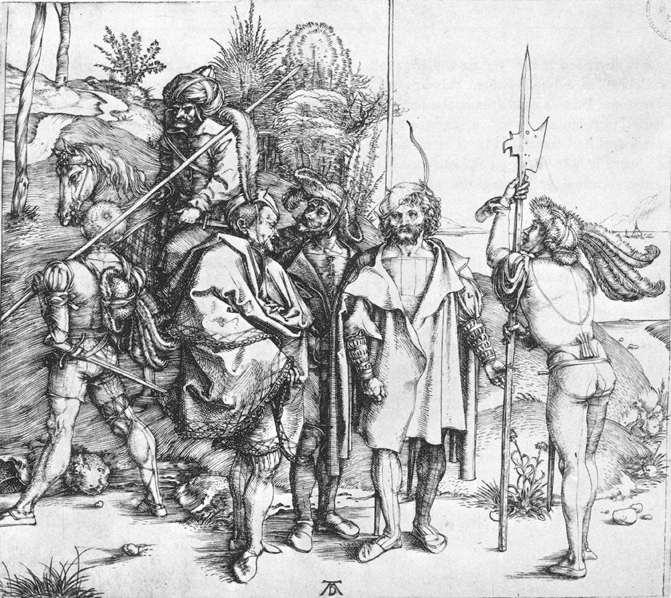 Wikioo.org - The Encyclopedia of Fine Arts - Painting, Artwork by Albrecht Durer - Five Lansquenets and an Oriental on Horseback