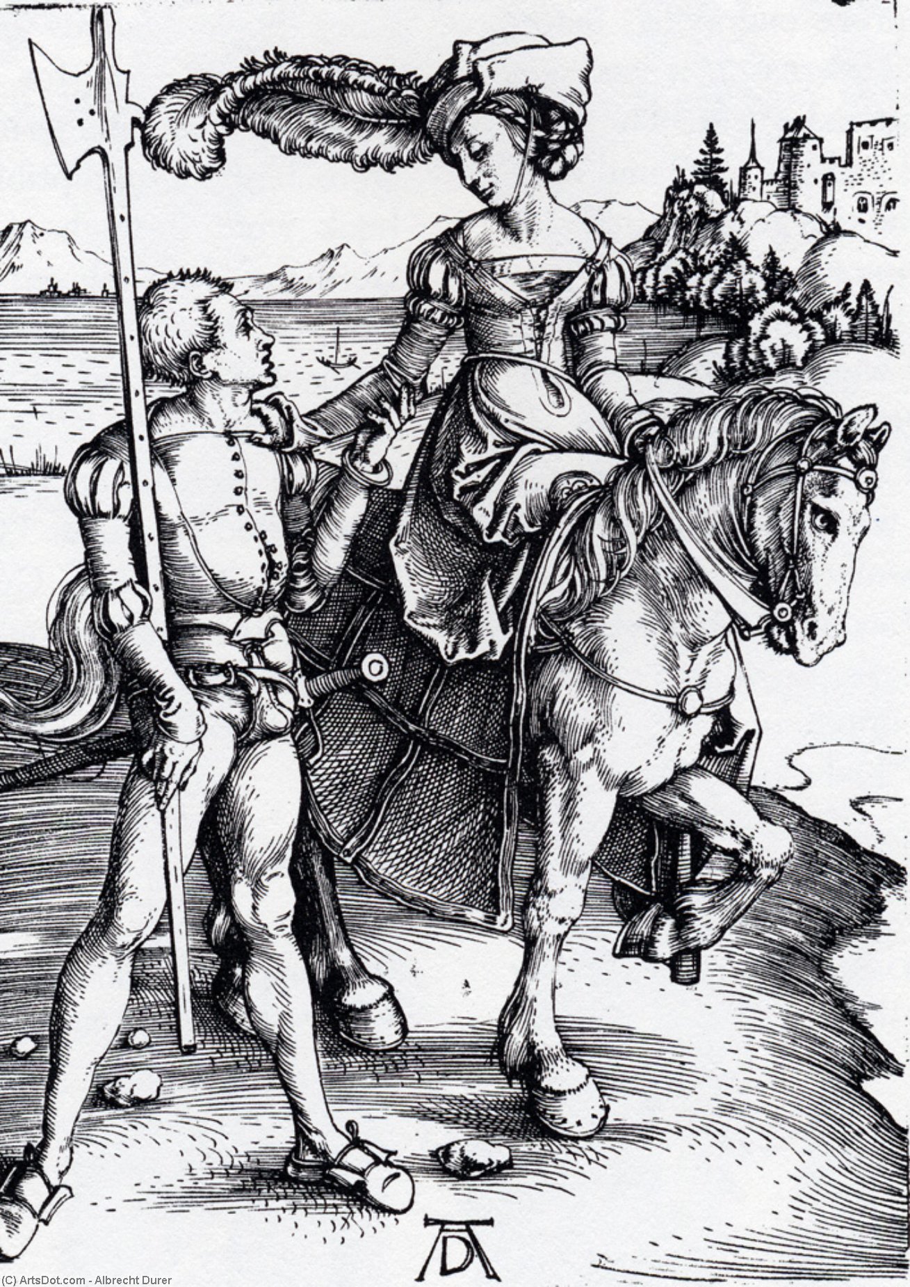 WikiOO.org - Enciclopédia das Belas Artes - Pintura, Arte por Albrecht Durer - Lady On Horseback And Lansquenet