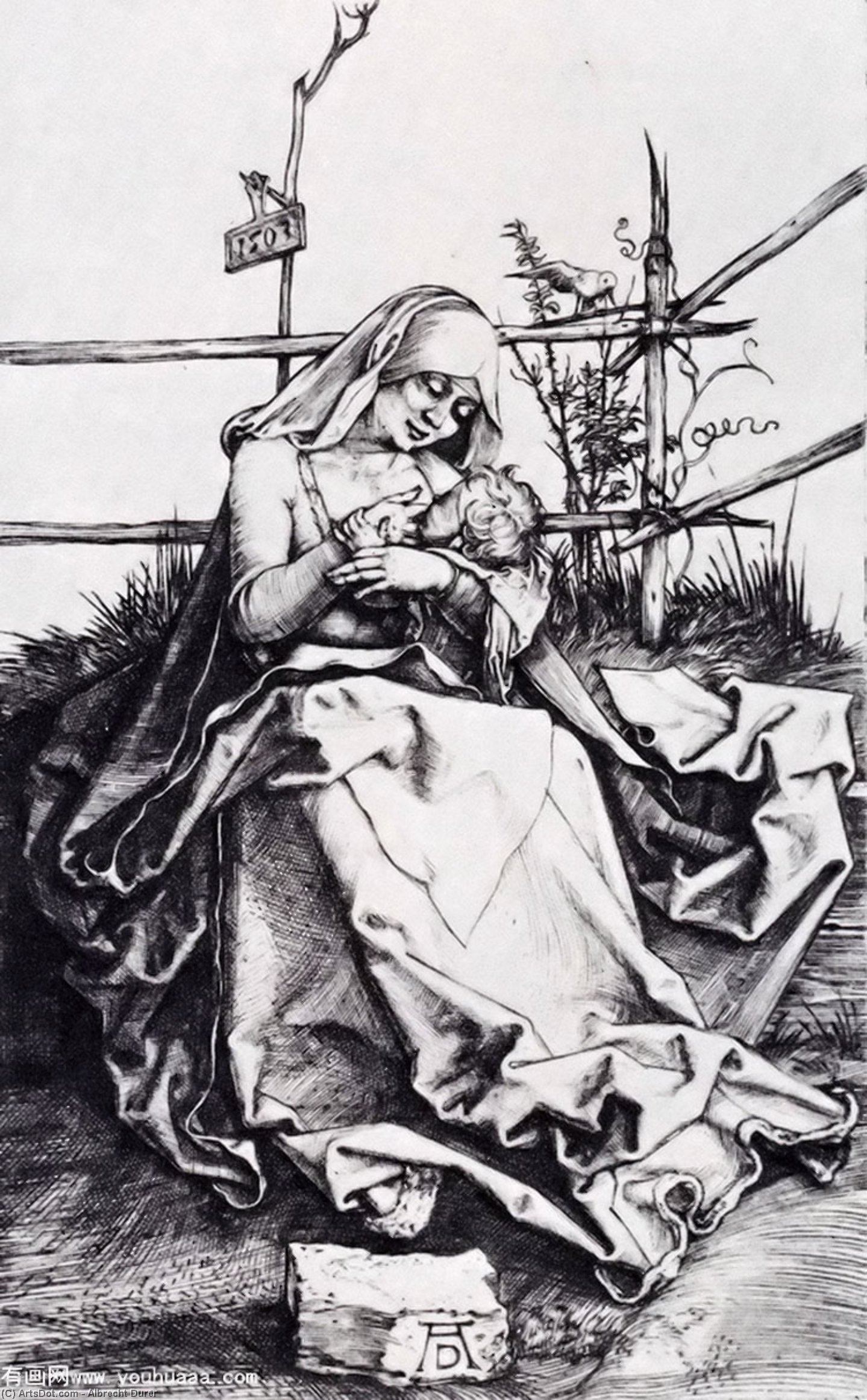Wikioo.org - Bách khoa toàn thư về mỹ thuật - Vẽ tranh, Tác phẩm nghệ thuật Albrecht Durer - Madonna On A Grassy Bench