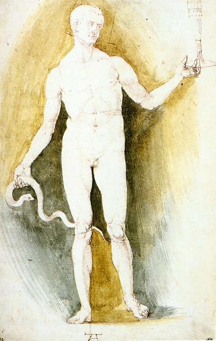 WikiOO.org - Encyclopedia of Fine Arts - Lukisan, Artwork Albrecht Durer - Male Nude with a Glass and Snake, so-called Asclepius
