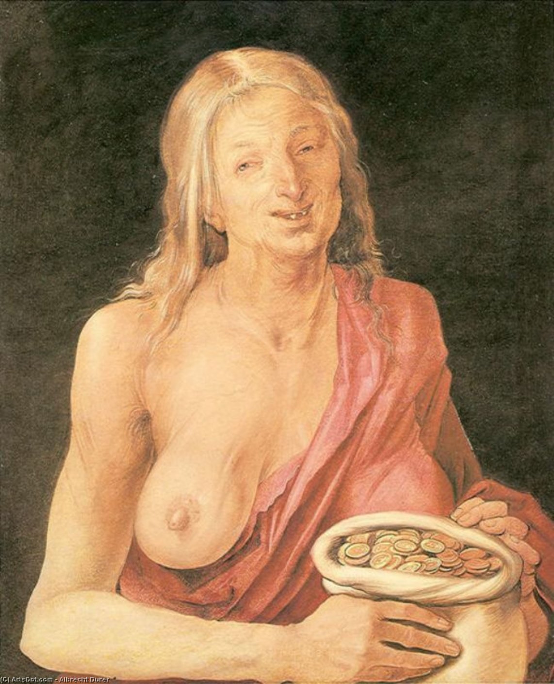 Wikioo.org - Die Enzyklopädie bildender Kunst - Malerei, Kunstwerk von Albrecht Durer - Alte Frau mit einem Sack voll Münzen