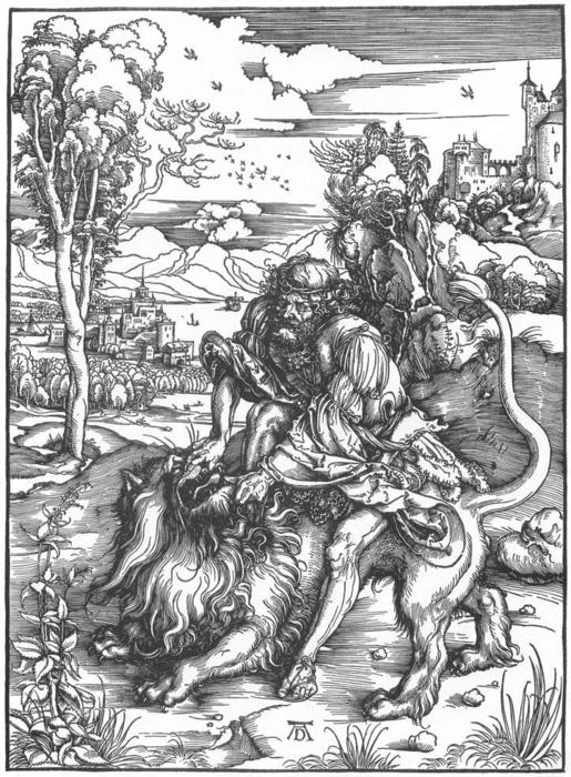 Wikioo.org - สารานุกรมวิจิตรศิลป์ - จิตรกรรม Albrecht Durer - Samson Killing the Lion