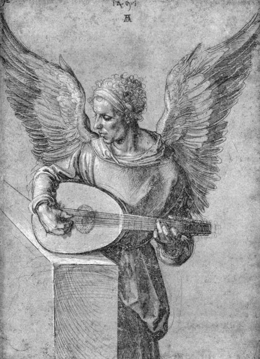 WikiOO.org - 百科事典 - 絵画、アートワーク Albrecht Durer - 理想主義服で翼の男、リュートを演奏