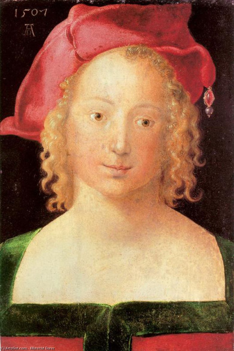 WikiOO.org – 美術百科全書 - 繪畫，作品 Albrecht Durer - 年轻女子 与  一个  红  贝雷帽