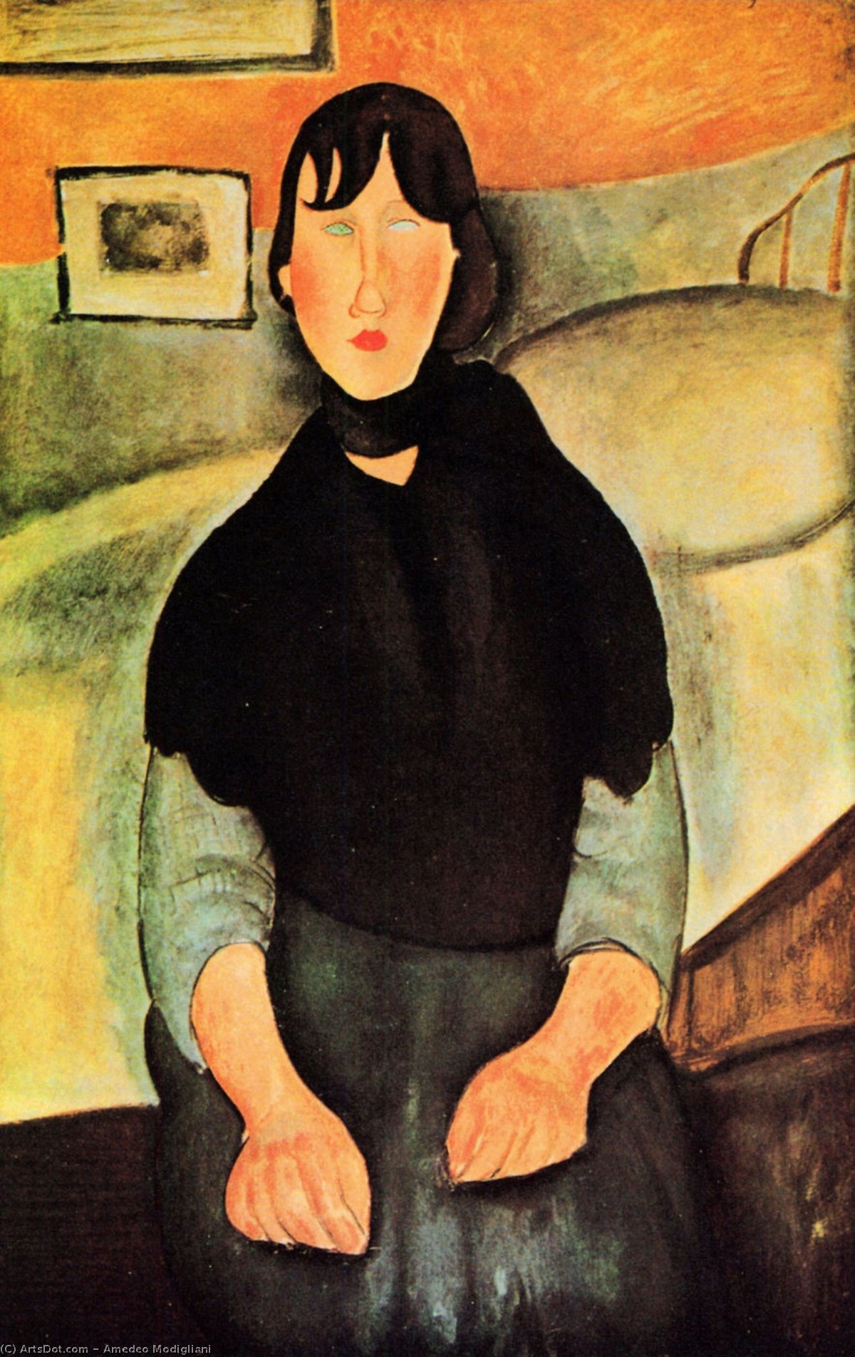 Wikioo.org – La Enciclopedia de las Bellas Artes - Pintura, Obras de arte de Amedeo Modigliani - oscuro mujer joven sentado por una cama