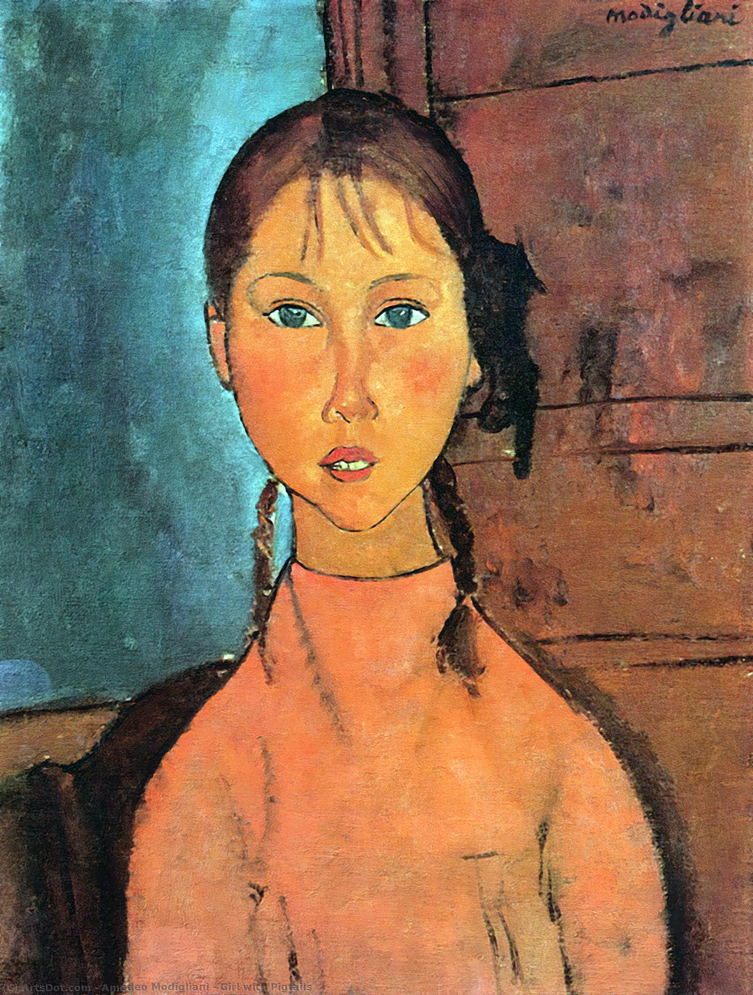 Wikoo.org - موسوعة الفنون الجميلة - اللوحة، العمل الفني Amedeo Modigliani - Girl with Pigtails