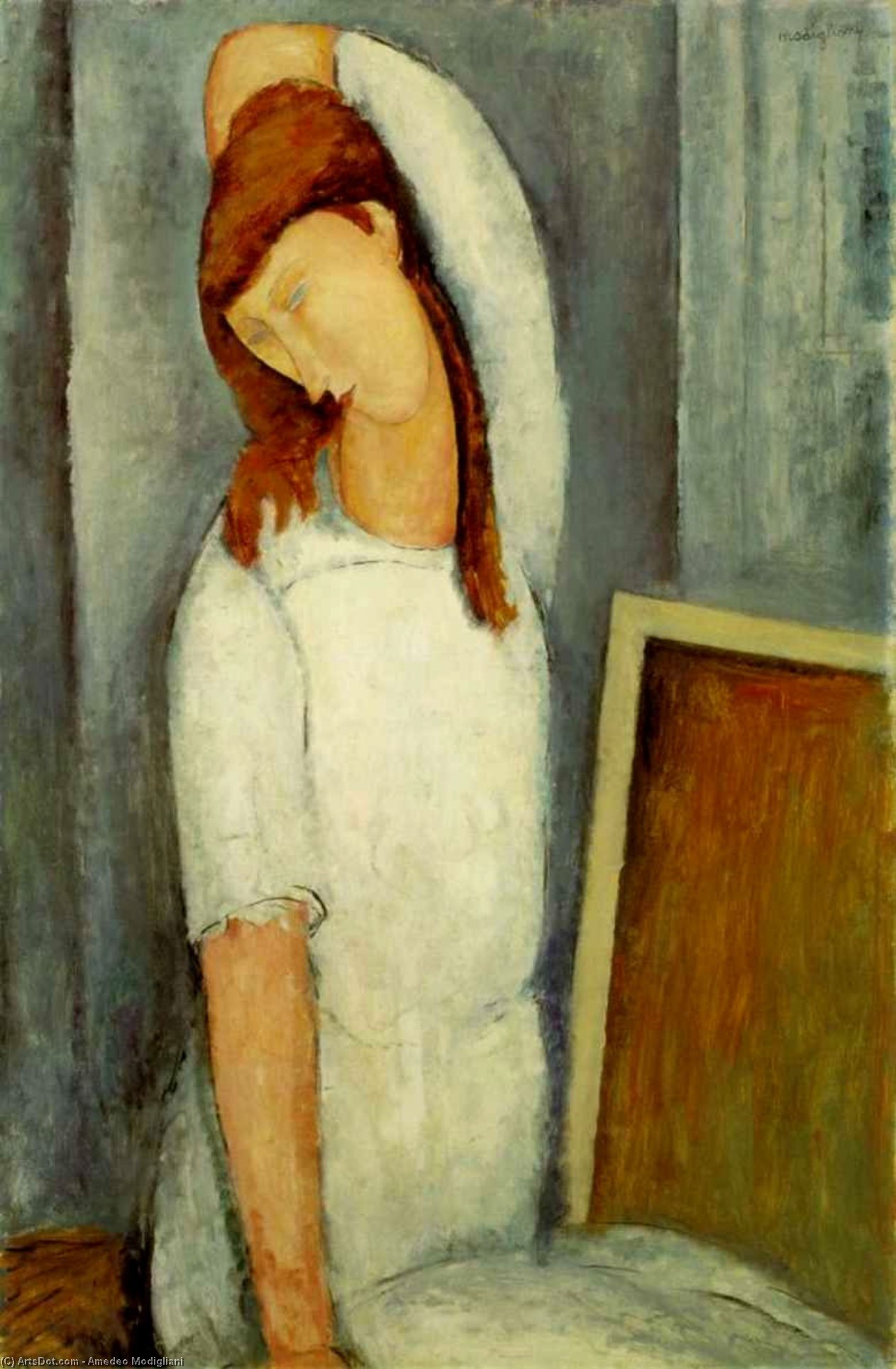 Wikioo.org - The Encyclopedia of Fine Arts - Painting, Artwork by Amedeo Modigliani - Portrait of Jeanne Hebuterne, Left Arm Behind Her Head