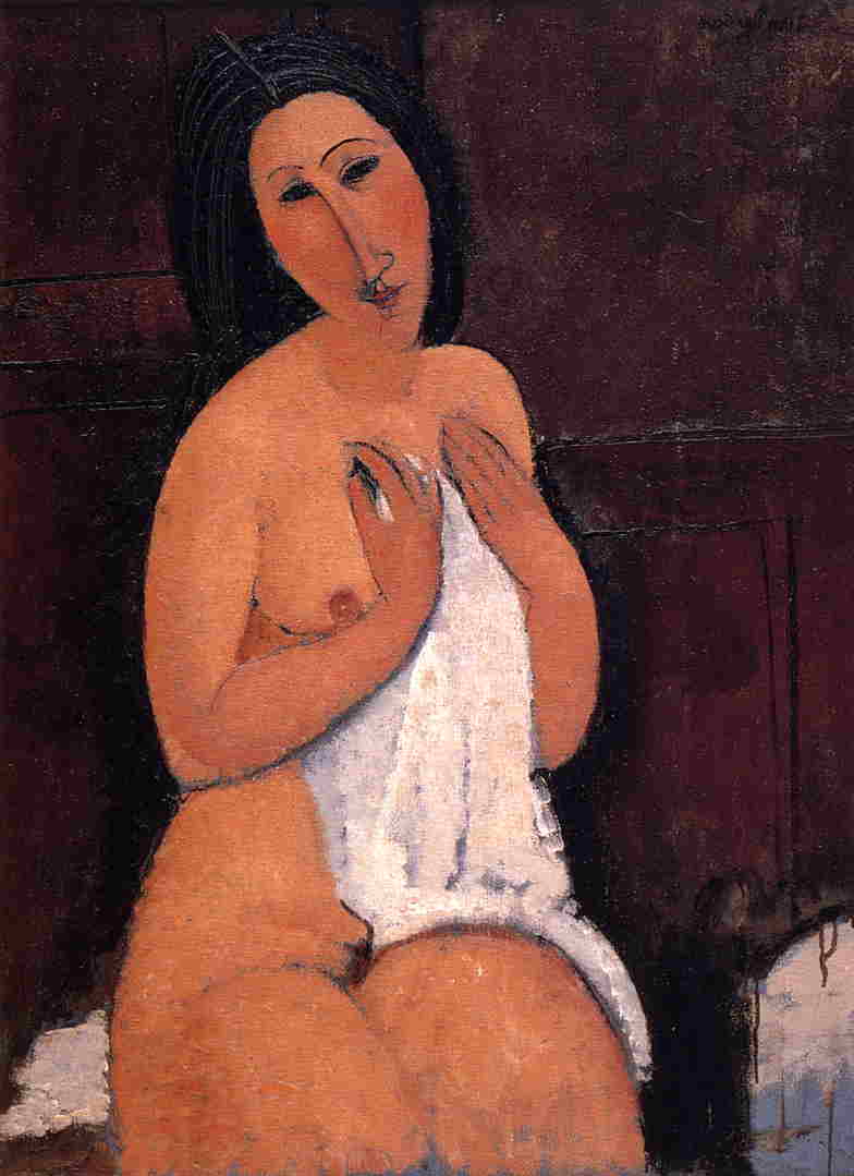 Wikoo.org - موسوعة الفنون الجميلة - اللوحة، العمل الفني Amedeo Modigliani - Seated Nude with Shift