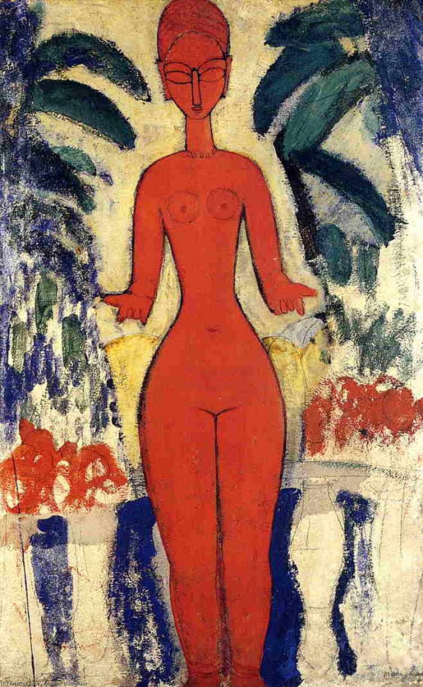 Wikioo.org – L'Encyclopédie des Beaux Arts - Peinture, Oeuvre de Amedeo Modigliani - debout nue avec jardin arrière plan