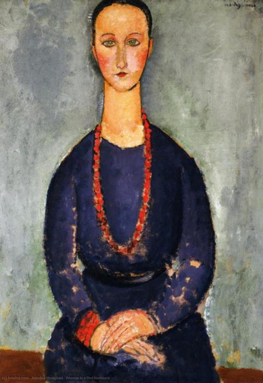 Wikoo.org - موسوعة الفنون الجميلة - اللوحة، العمل الفني Amedeo Modigliani - Woman in a Red Necklace