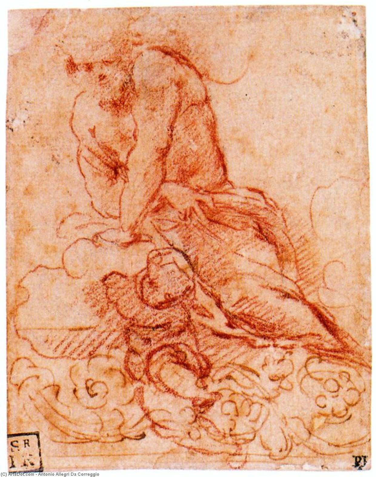 Wikioo.org - The Encyclopedia of Fine Arts - Painting, Artwork by Antonio Allegri Da Correggio - Male figure on clouds, with putto and decorative frieze