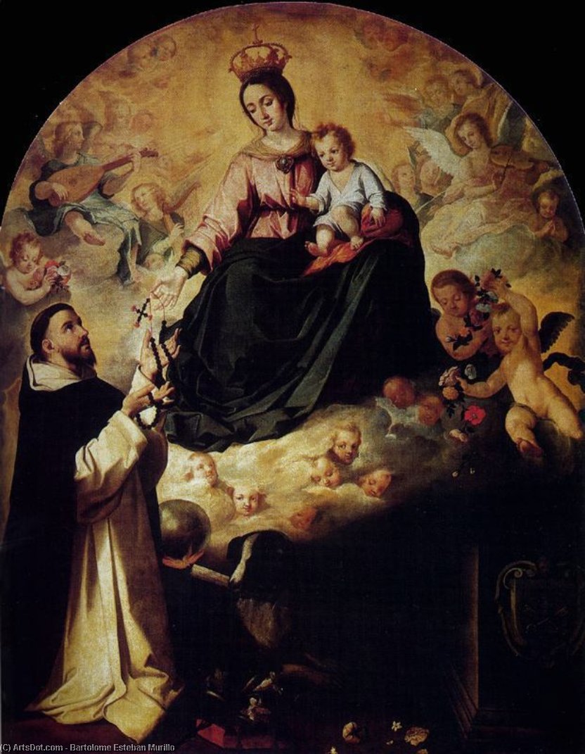 Wikioo.org - The Encyclopedia of Fine Arts - Painting, Artwork by Bartolome Esteban Murillo - La Virgen presentando el rosario a Santo Domingo