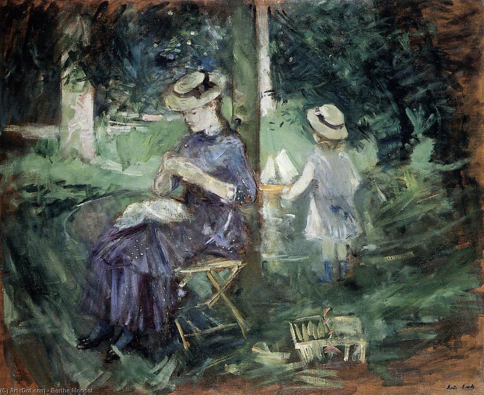 Wikioo.org - The Encyclopedia of Fine Arts - Painting, Artwork by Berthe Morisot - Girl Sewing in a Garden
