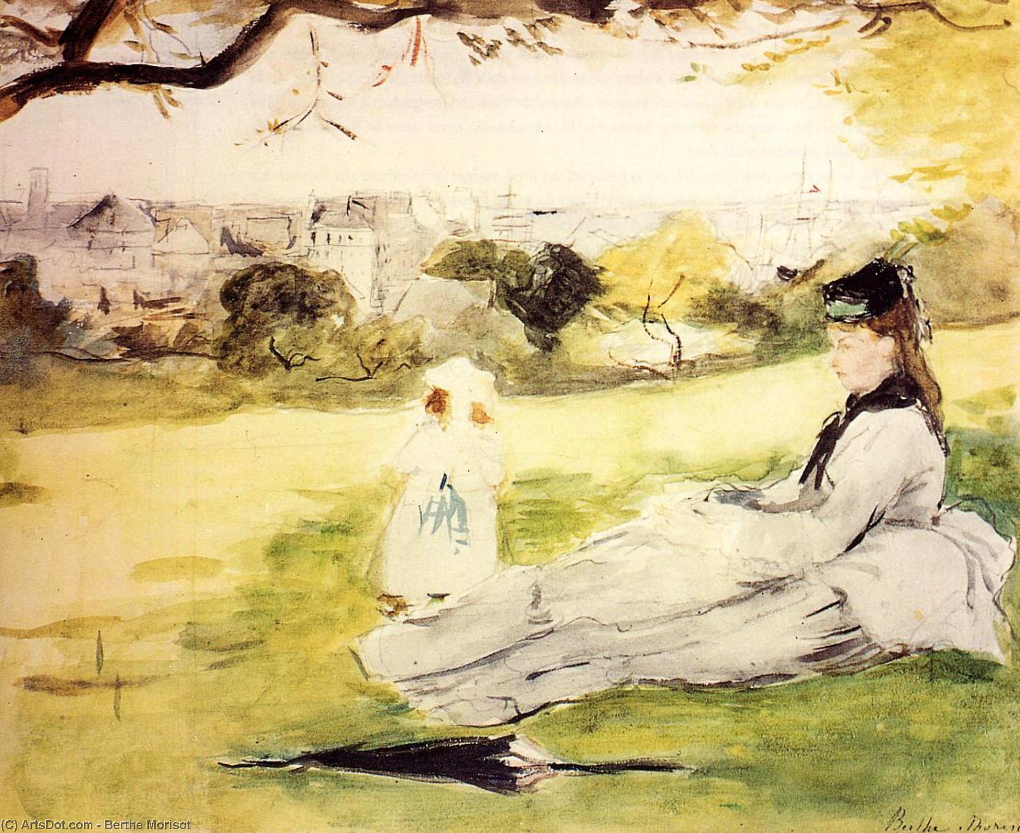 Wikioo.org - The Encyclopedia of Fine Arts - Painting, Artwork by Berthe Morisot - Woman and Child Seated in a Meadow
